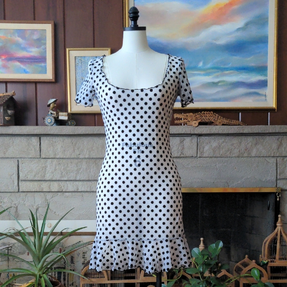 Sheer Black and White Polka Dot Dress With Ruffle Flounce, Medium